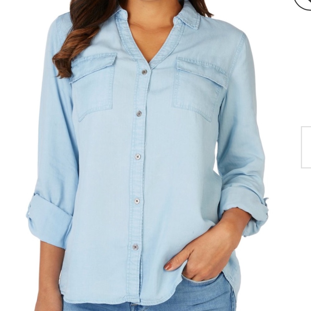 Womens Solid Tencel Button Down Pocket Long Sleeve